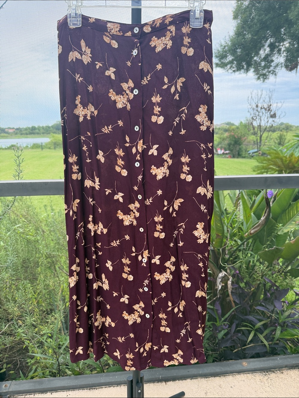 kathy ireland Burgundy Maxi Skirt with Cream Floral Buttons